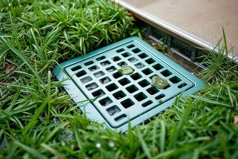 Square green catch basin grate set into a wet lawn beside a concrete patio, with rainwater draining into it