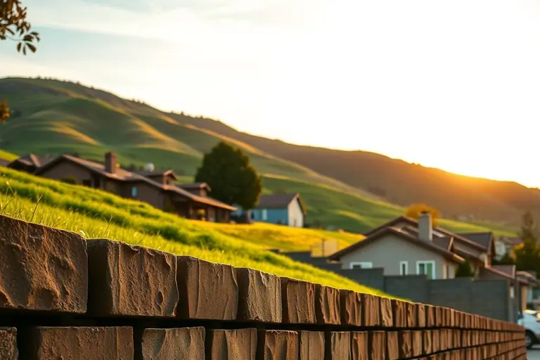 Block retaining wall with weep holes below a landscaped slope in a Danville foothill neighborhood