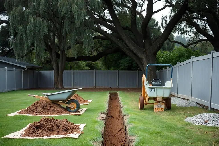 Narrow trench dug across a backyard lawn with soil piled on plywood sheets, a wheelbarrow and a pile of gravel nearby