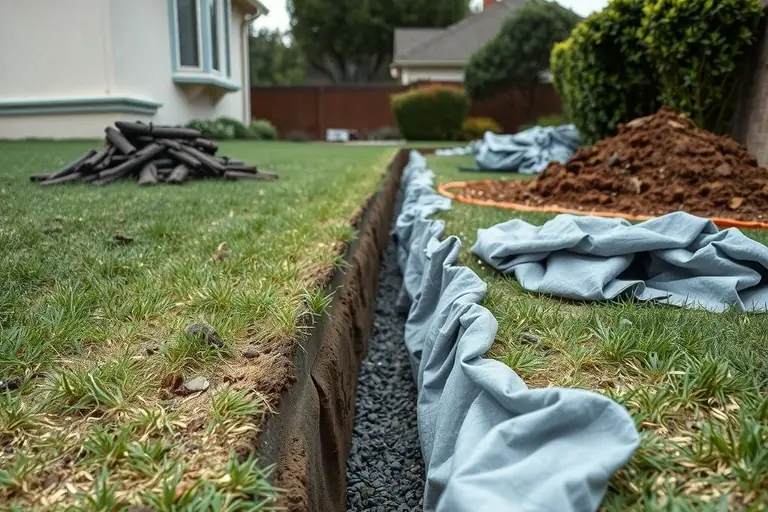 Open trench along a backyard lawn with gray filter fabric, washed gravel and a black perforated pipe being laid