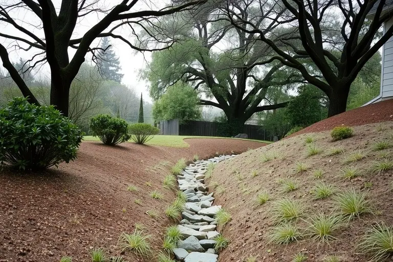 Rock-lined drainage swale running across a planted backyard slope under oak trees after rain
