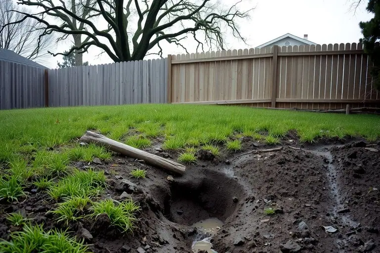 Saturated hillside with a fresh crack in the grass below a slightly leaning wooden fence