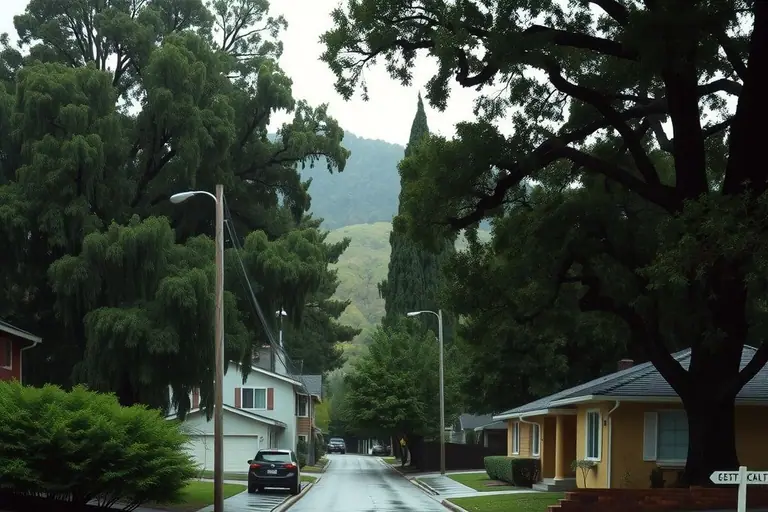 Hillside street in Lafayette lined with oak trees and 1960s homes on a wet winter day